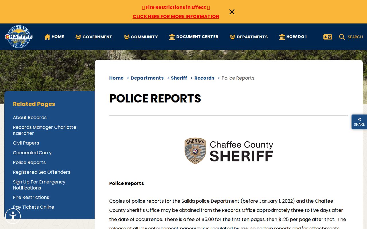 Chaffee County arrest records police reports and fees