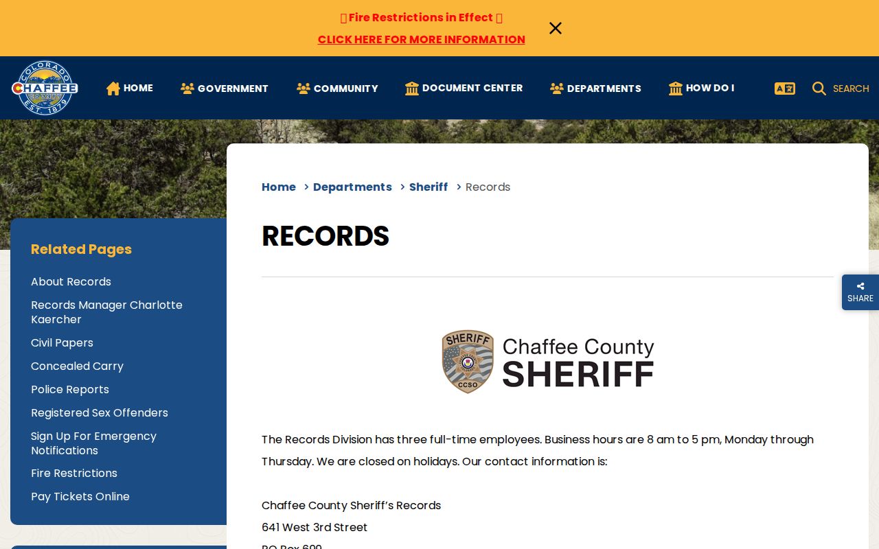 Chaffee County arrest records sheriff records division