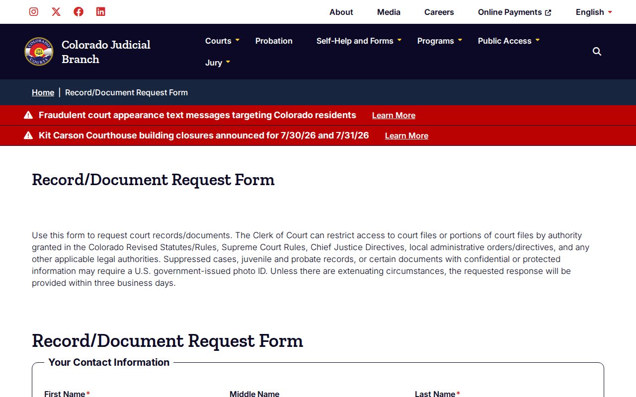 Chaffee County court records document request form