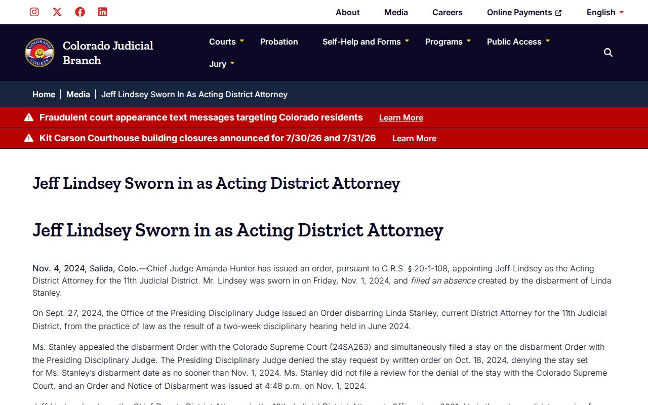 Chaffee County criminal court records 11th Judicial District Attorney context