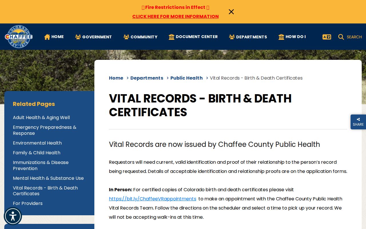 Chaffee County marriage and divorce records vital records page
